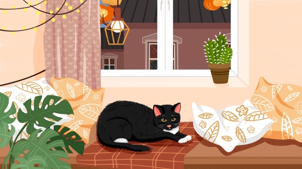 可爱萌宠猫咪插画窗户下趴着的黑猫插画