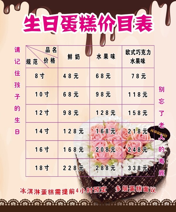 蛋糕價(jià)目表圖片