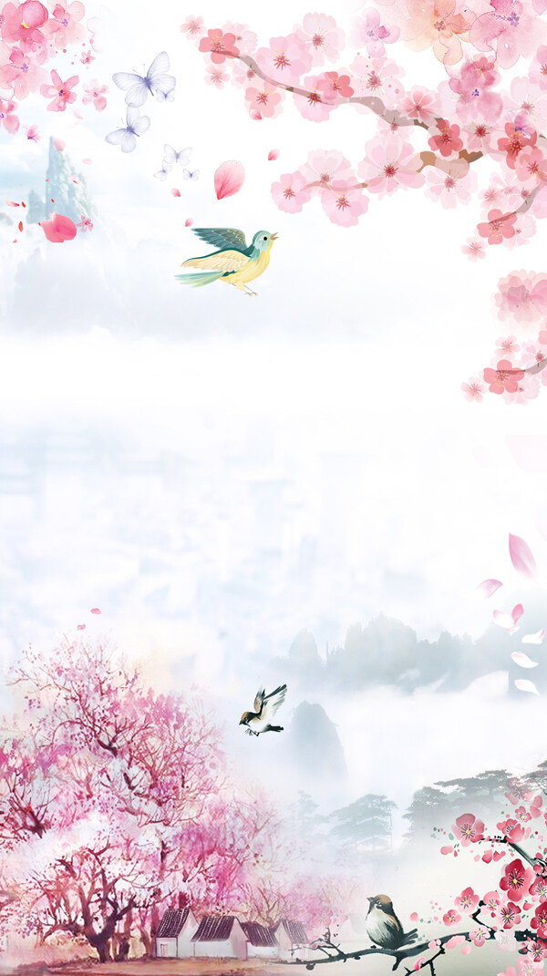 春季粉色桃花小鸟H5背景素材