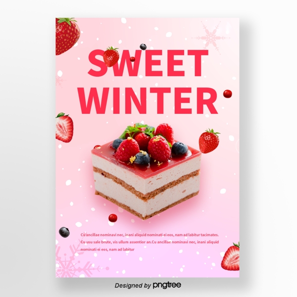 粉色雪花草莓蓝莓蛋糕咖啡冬季甜味食品海报