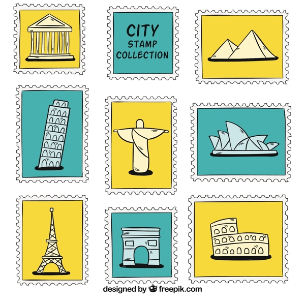 手绘城市邮票图标
