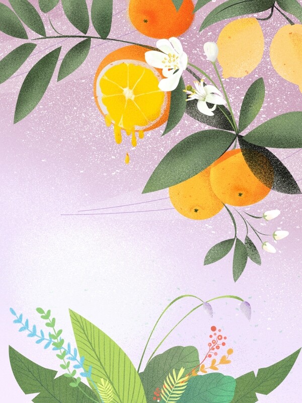 手绘花丛橙子背景设计