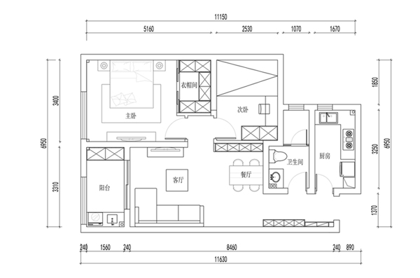 两室一厅CAD平面方案