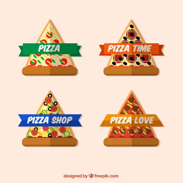 4款美味三角披萨标签矢量
