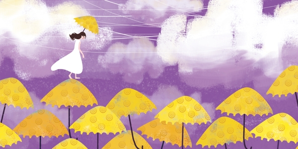 紫色太空下踩着伞的女孩噪点插画
