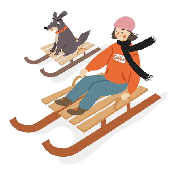 手绘卡通女孩和狗狗做滑雪橇原创元素