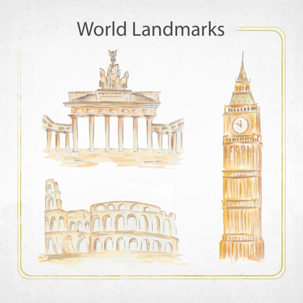 3款彩绘世界著名建筑矢量素材