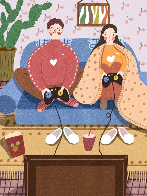 情侣冬季日常情侣坐在沙发上打游戏