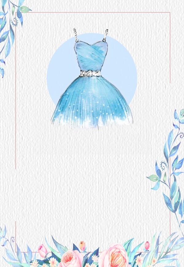 彩绘蓝色吊带连衣裙双十一背景素材