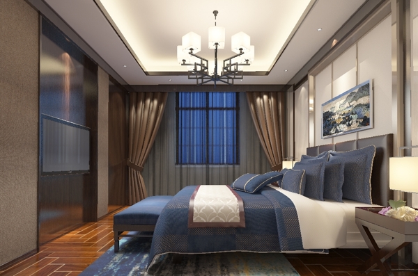 酒店现代轻奢豪华卧室套房3d效果图