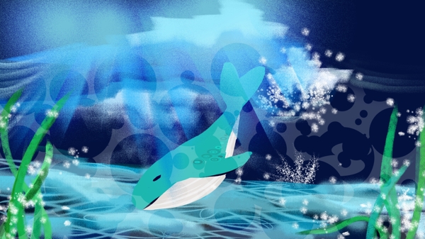 深海中的游泳的鲸鱼绿色植物卡通背景