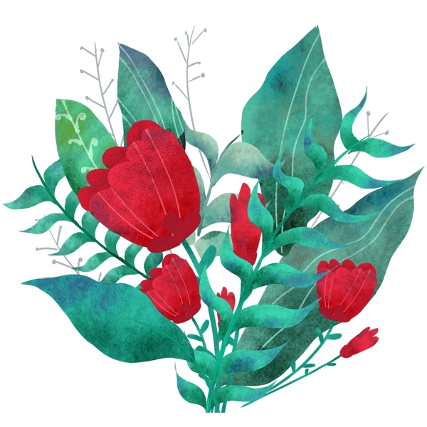 手绘绿叶中的红色花朵元素