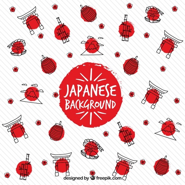 手绘日本元素与红色圆圈背景