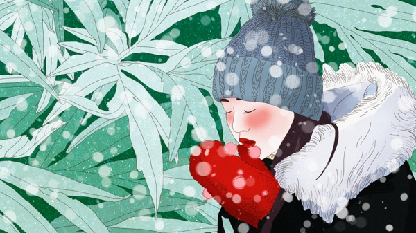 原创冬天你好下雪红手套少女手绘插画