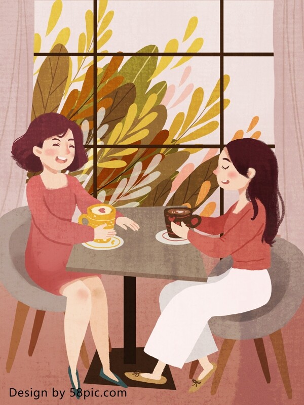 和闺蜜一起喝咖啡聊天原创手绘插画