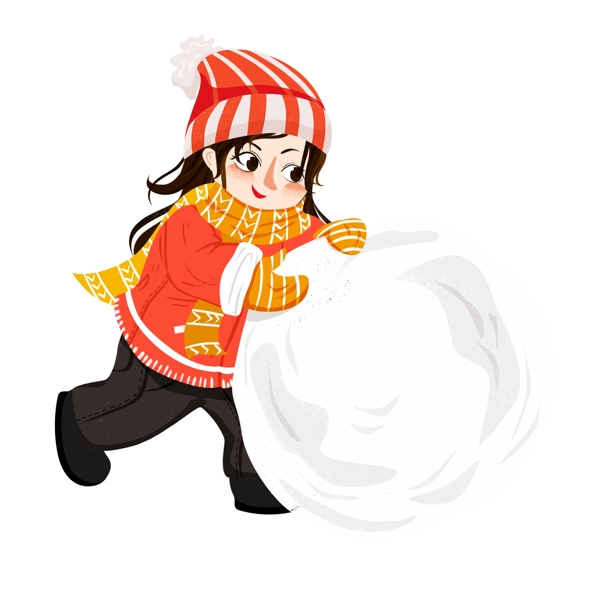 手绘滚雪球的女孩冬季人物设计可商用元素