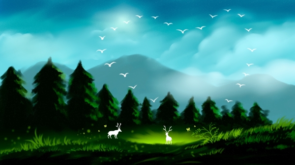 治愈系唯美森林與鹿插畫