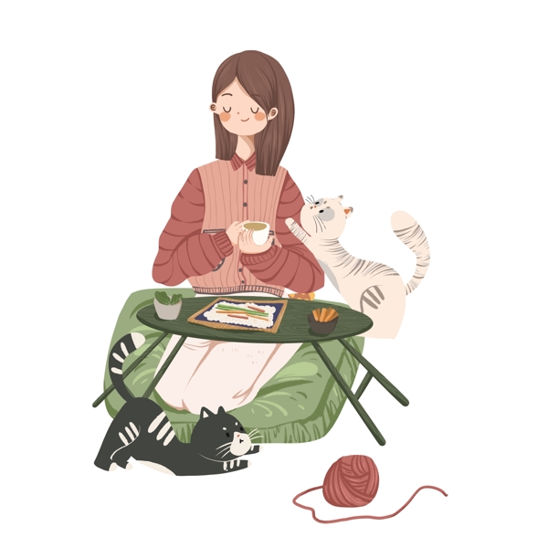手繪女孩貓咪圖案元素