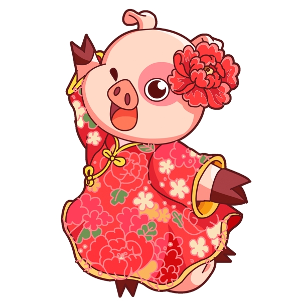 带着可爱小红花的卡通新年小猪免抠图