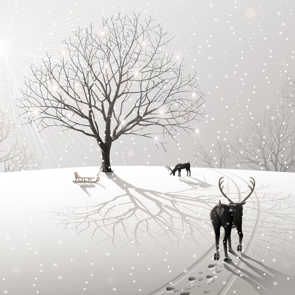 雪地梅花鹿树木冬季雪景图片