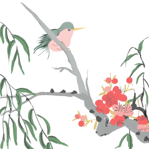 手绘的啄木鸟插画