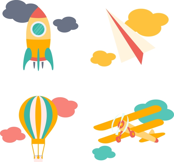 卡通矢量可爱飞机热气球装饰图案创意元素