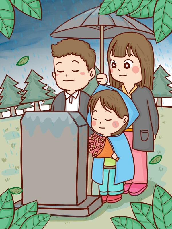 清明节一家人去祭祖扫墓手绘原创插画