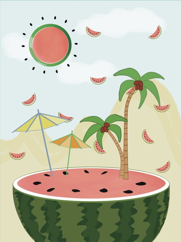 水果西瓜夏天沙滩卡通小清新简约客厅装饰画