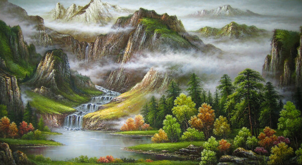 山水風景油畫圖片