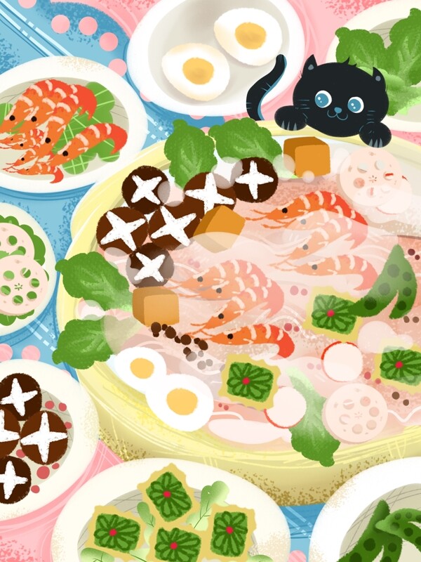 冬季天火鍋美食冬至過(guò)年聚餐貓咪插畫(huà)寒流