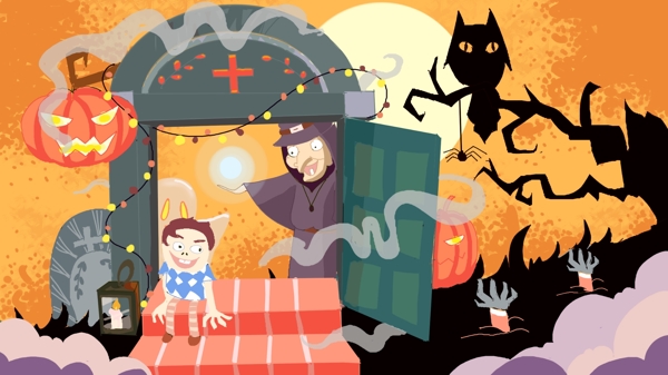 万圣节小孩和女巫在小屋门口森林里插画
