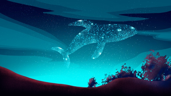 夜空中大海与鲸手绘海报插画壁纸