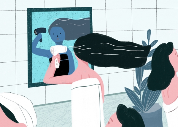 简约大气创意午夜之城少女浴室镜子前吹头发场景插画