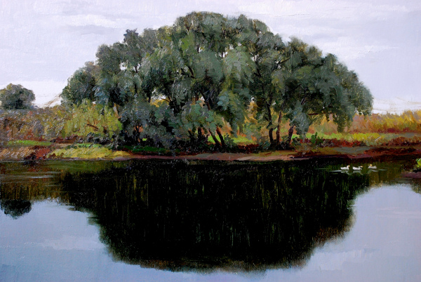 湖对岸的大树油画图片