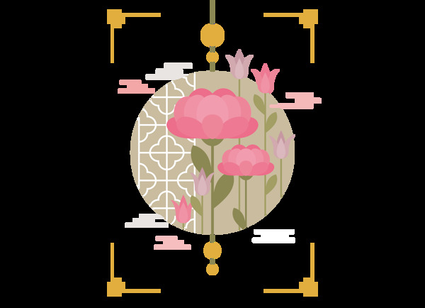 彩绘中式花朵边框png元素