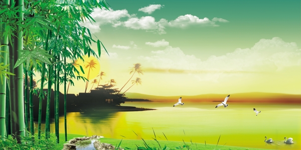 晚霞湖水圖片
