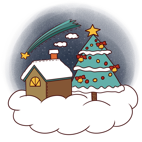手绘卡通可爱圣诞节房子和圣诞树