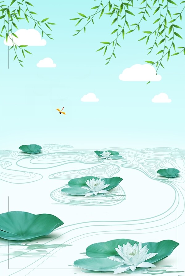 夏季荷塘清新淡雅小暑绿色广告背景