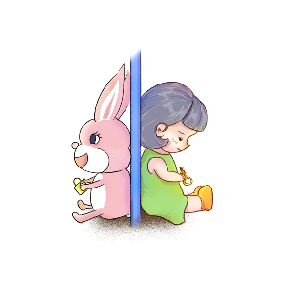 忧郁儿童女孩兔子玩偶卡通可爱绿色粉色图标