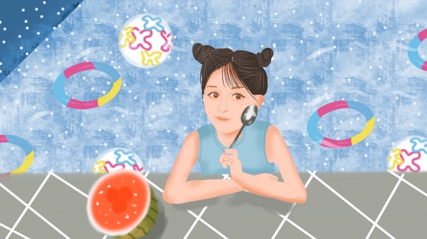 小清新插畫(huà)處暑時(shí)分泡在泳池里吃西瓜