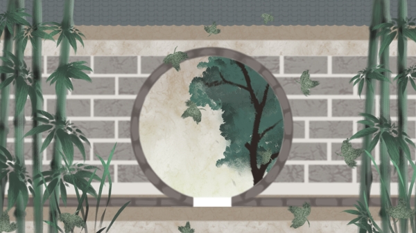绿色竹子灰色砖墙圆形门洞卡通背景