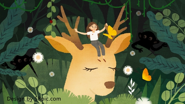 森林与鹿原创小清新手绘插画