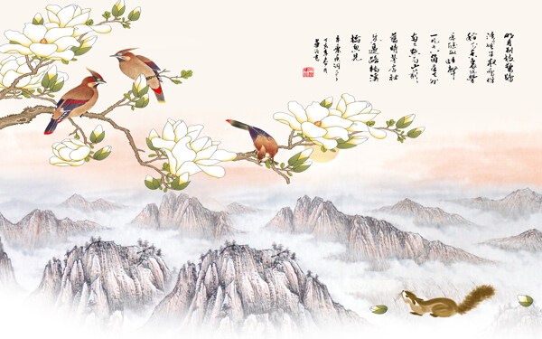 鳥(niǎo)兒山水背景墻