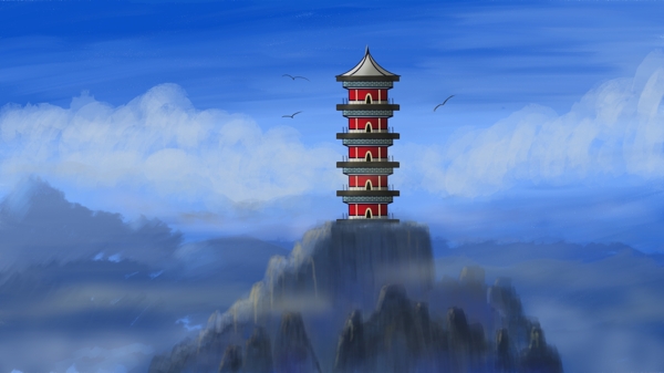 中国风古风建筑云上玲珑仙境治愈插画海报