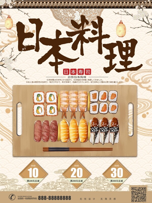 手绘日本料理寿司美食宣传促销海报