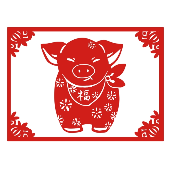 春节猪年传统窗花猪红色