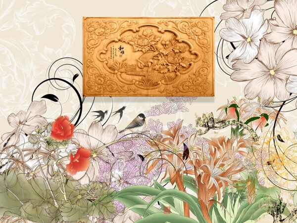 新中式手绘花朵装饰背景墙