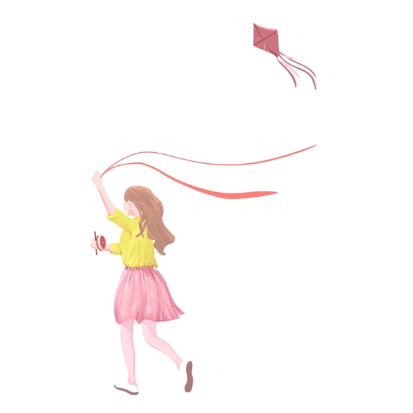 手繪放風(fēng)箏的少女免摳元素