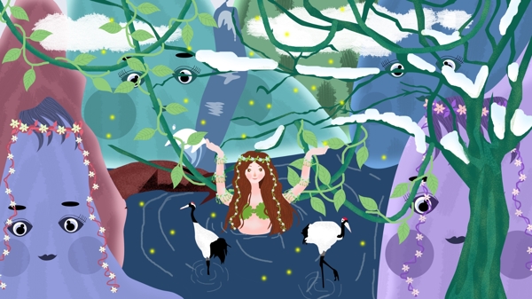 山物记之森林公主与丹顶鹤山神精灵原创插画