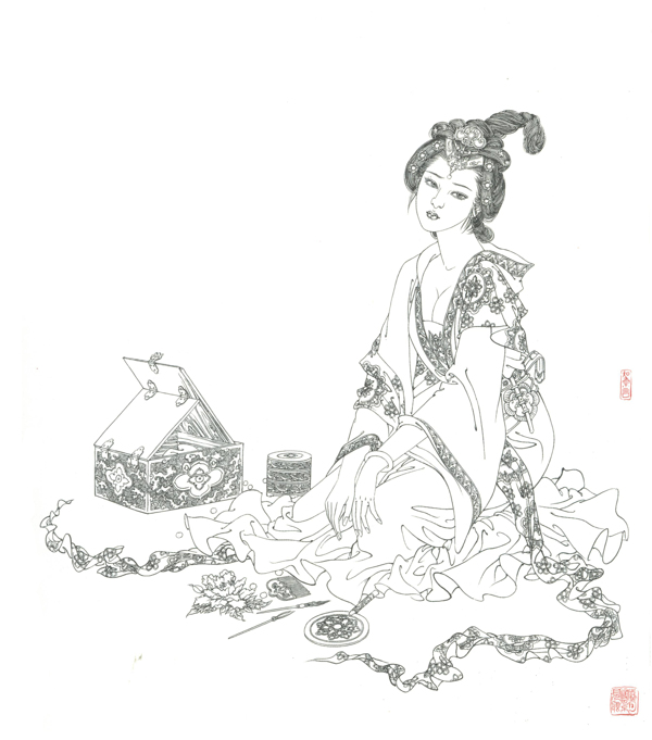 白描古裝美人圖片